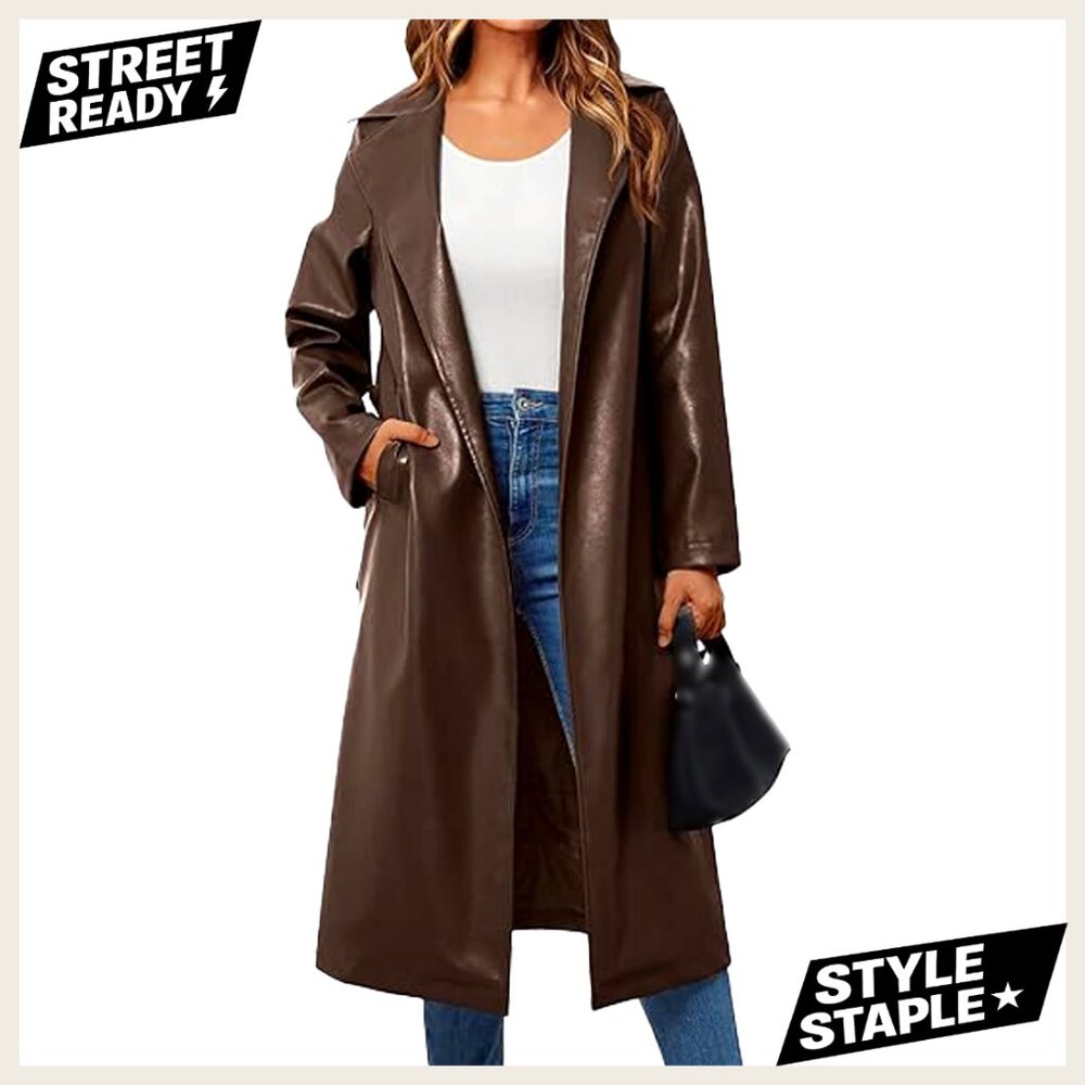 Faux Leather Long Trench Coat with Belt and Pockets, Below Knee Length